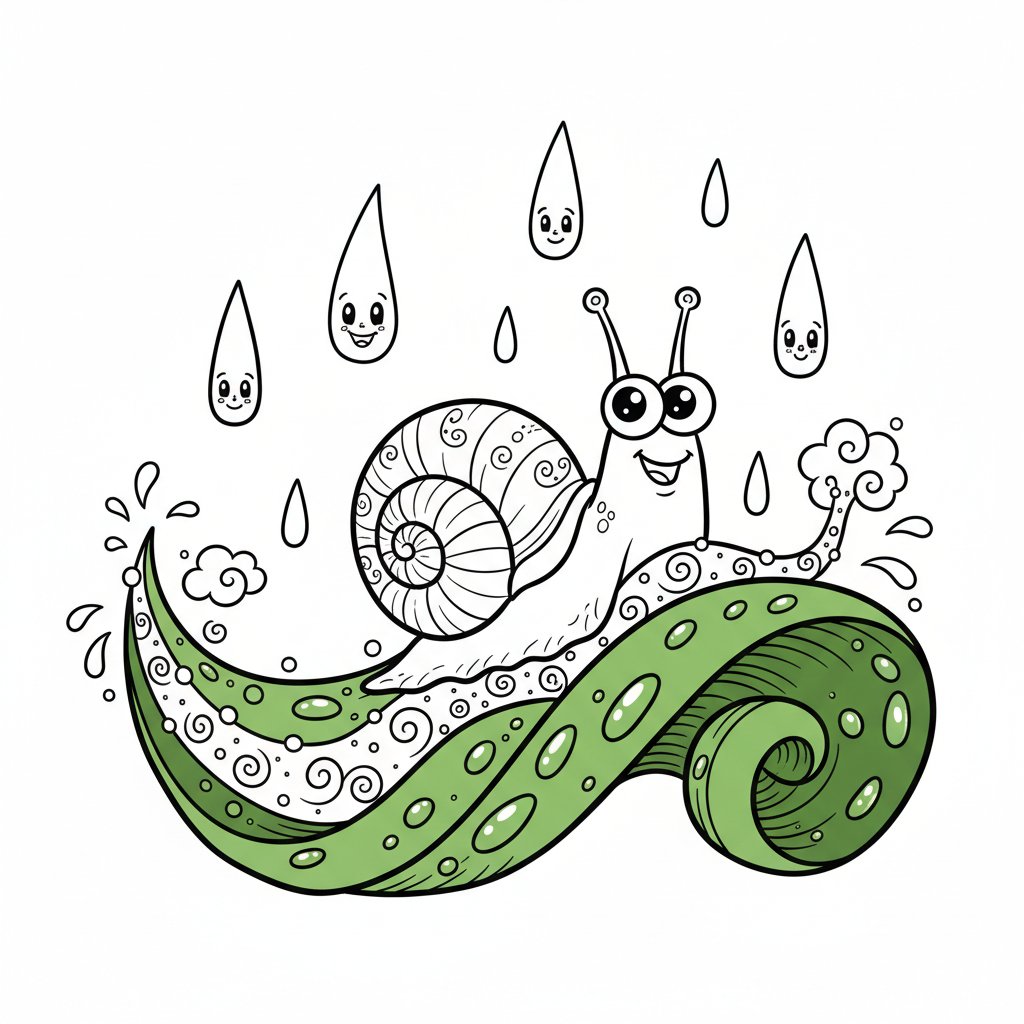 Ślimak zostawiający ślad na zroszonym liściu, z wiosennymi kroplami deszczu, kolorowanka dla dzieci, czarne kontury, b...