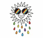 Uśmiechnięte słońce w okularach przeciwsłonecznych, z spadającymi kolorowymi kroplami deszczu, kolorowanka dla dziec...