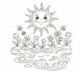 Wesołe słońce świecące nad topniejącym śniegiem, z pierwszymi wiosennymi kwiatami, kolorowanka dla dzieci, czarne k...