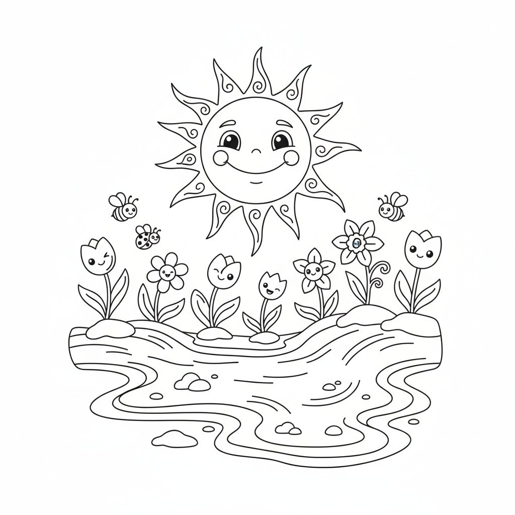 Wesołe słońce świecące nad topniejącym śniegiem, z pierwszymi wiosennymi kwiatami, kolorowanka dla dzieci, czarne k...