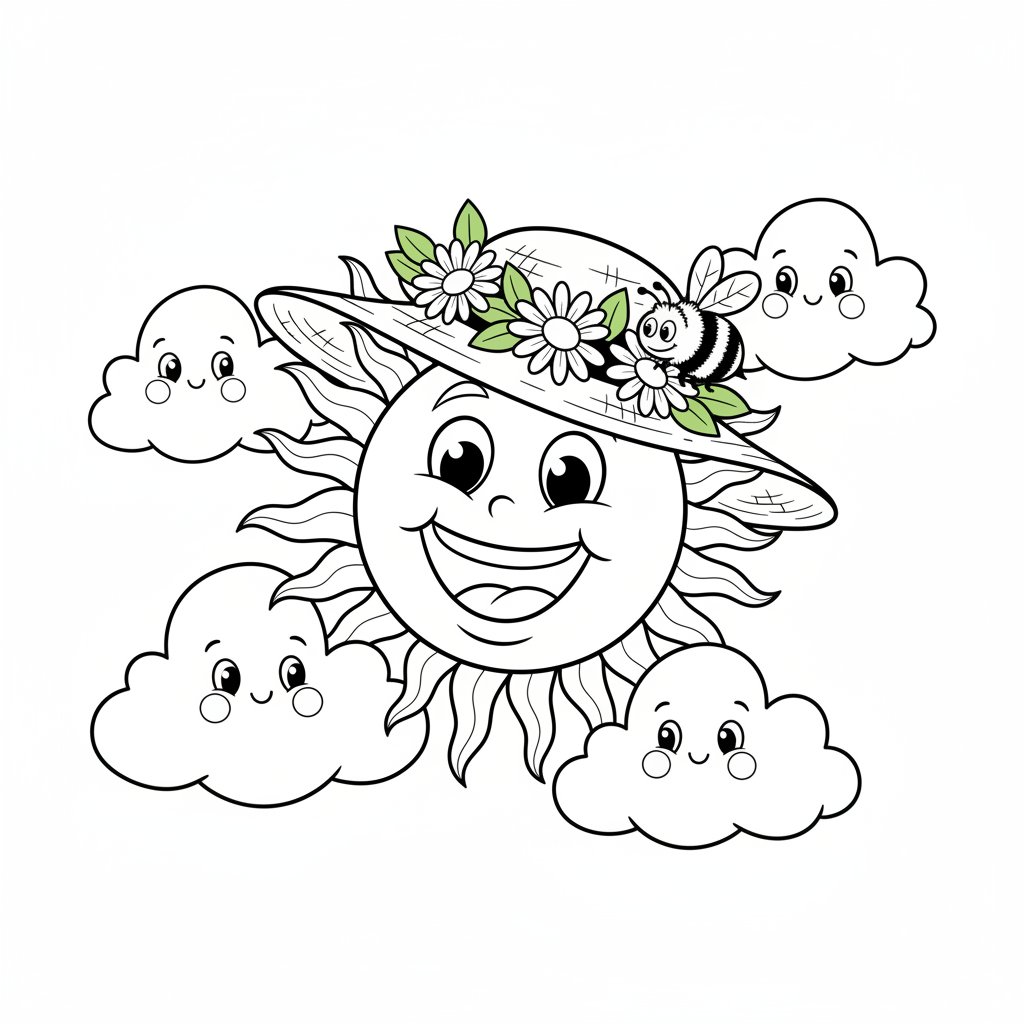 Wesołe słońce w wiosennym kapeluszu, otoczone puszystymi chmurami, kolorowanka dla dzieci, czarne kontury, białe tło.