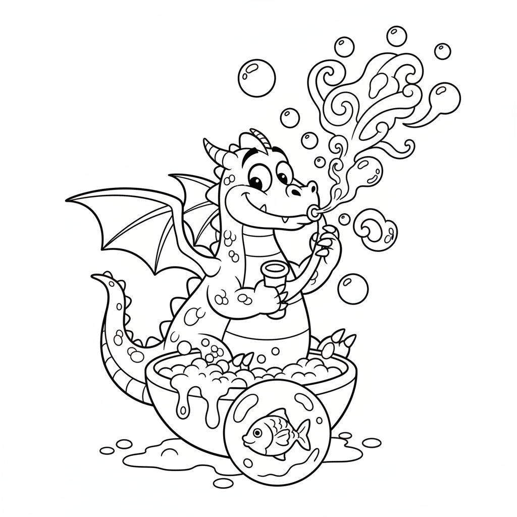 Smok puszczający bańki mydlane, kolorowanka dla dzieci, czarne kontury, białe tło, do druku.