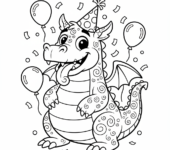 Smok w czapce imprezowej, kolorowanka dla dzieci, czarne kontury, białe tło, do druku.