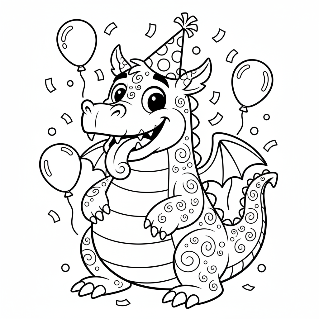 Smok w czapce imprezowej, kolorowanka dla dzieci, czarne kontury, białe tło, do druku.