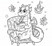 Smok czytający książkę z bajkami, kolorowanka dla dzieci, czarne kontury, białe tło, do druku.