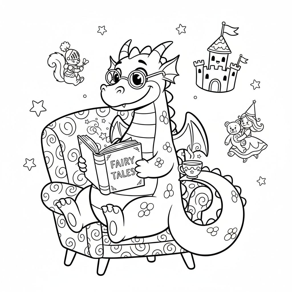 Smok czytający książkę z bajkami, kolorowanka dla dzieci, czarne kontury, białe tło, do druku.