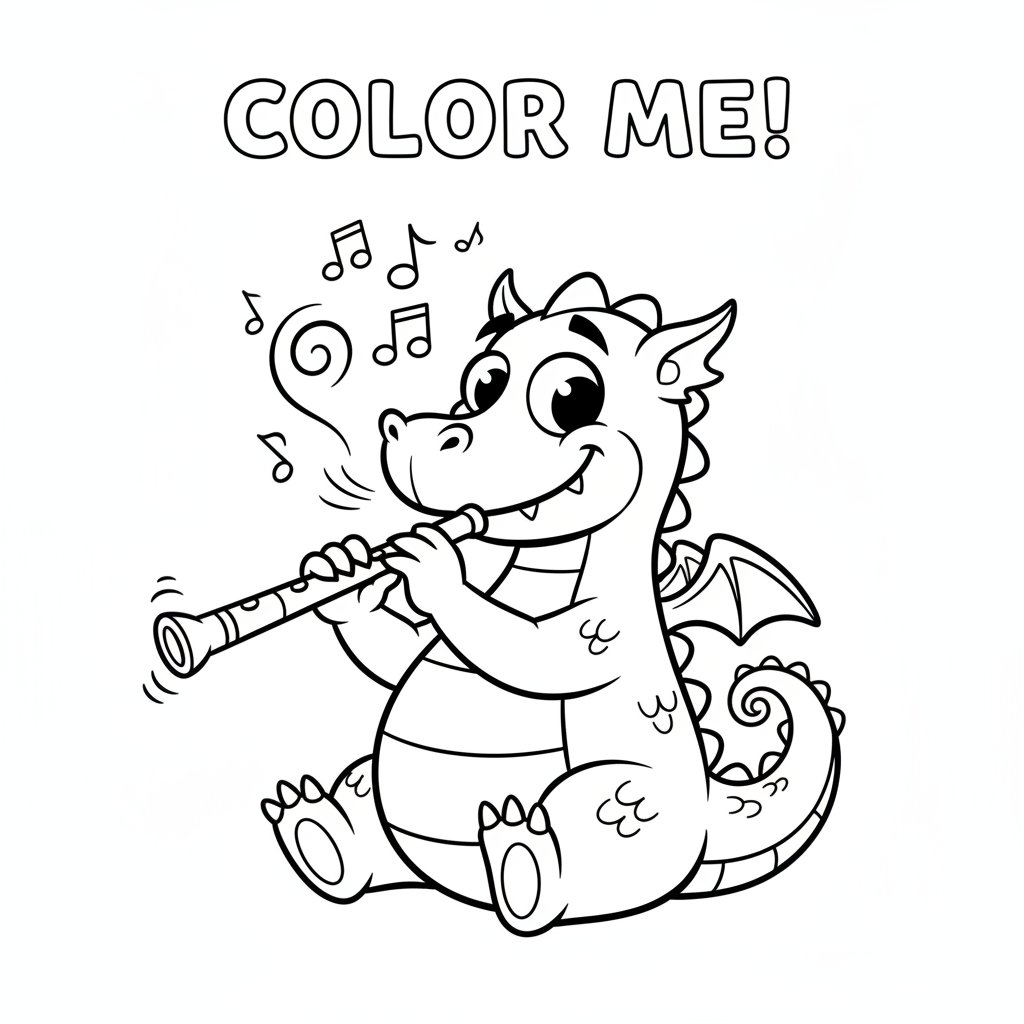 Smok grający na instrumencie muzycznym (np. flecie), kolorowanka dla dzieci, czarne kontury, białe tło, do druku.