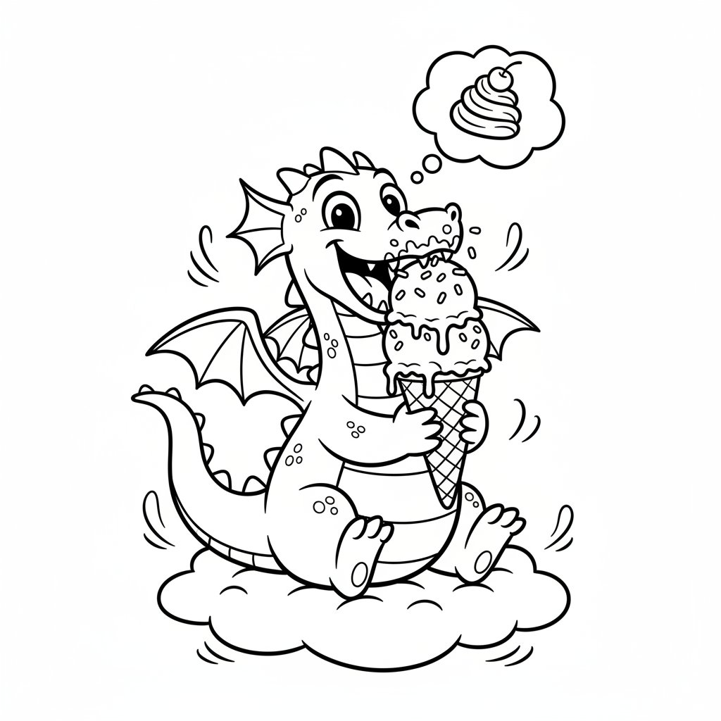 Smok delektujący się pysznym rożkiem lodowym, kolorowanka dla dzieci, czarne kontury, białe tło, do druku.