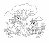 Smok bawiący się w chowanego z jednorożcem, kolorowanka dla dzieci, czarne kontury, białe tło, do druku.