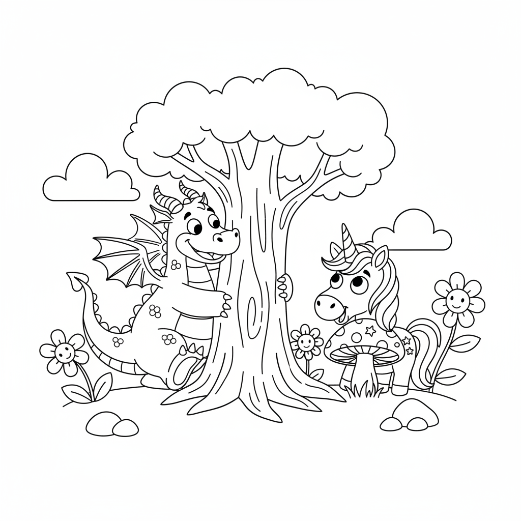 Smok bawiący się w chowanego z jednorożcem, kolorowanka dla dzieci, czarne kontury, białe tło, do druku.