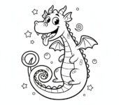 Smok z długim, kręconym ogonem, black outline, white background, suitable for kids coloring, cartoon style, funny and in...