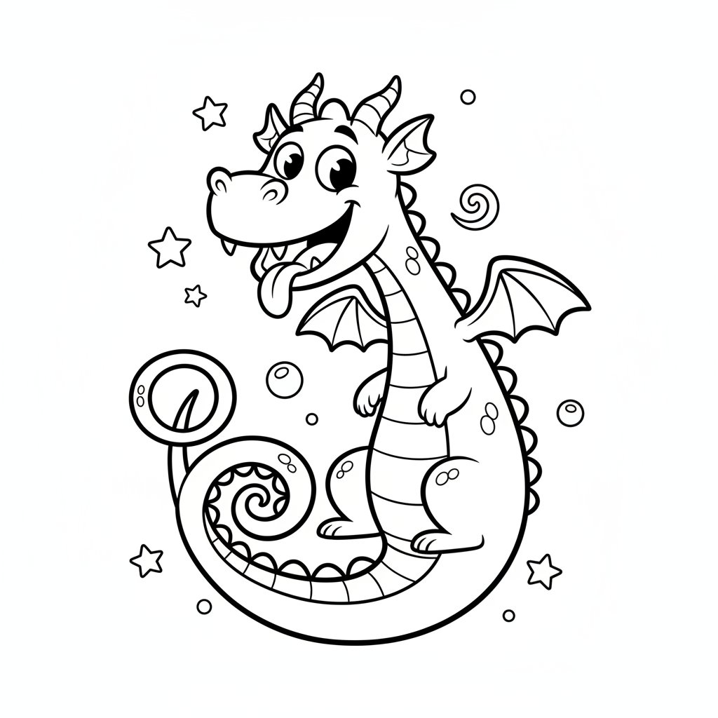 Smok z długim, kręconym ogonem, black outline, white background, suitable for kids coloring, cartoon style, funny and in...