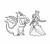Przyjazny smok wręczający kwiat księżniczce, kolorowanka dla dzieci, czarne kontury, białe tło, do druku.