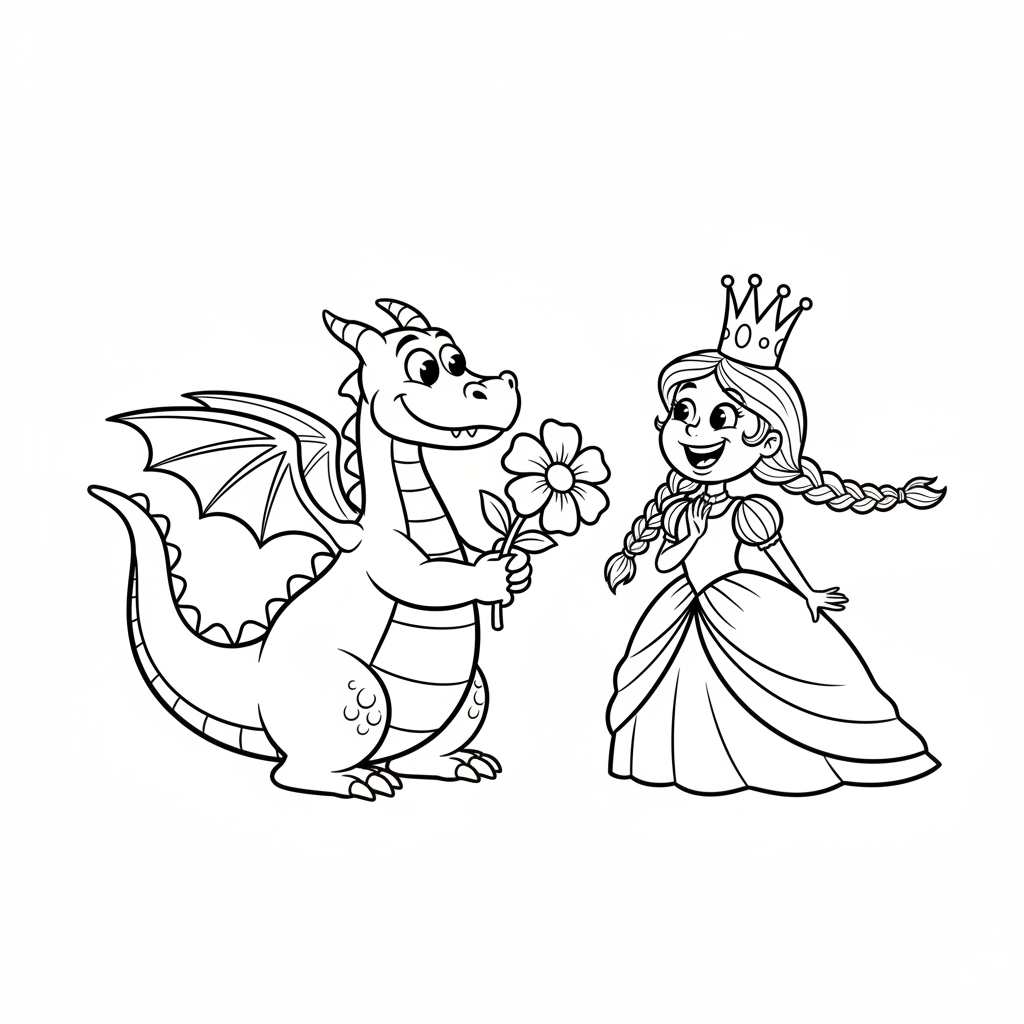 Przyjazny smok wręczający kwiat księżniczce, kolorowanka dla dzieci, czarne kontury, białe tło, do druku.