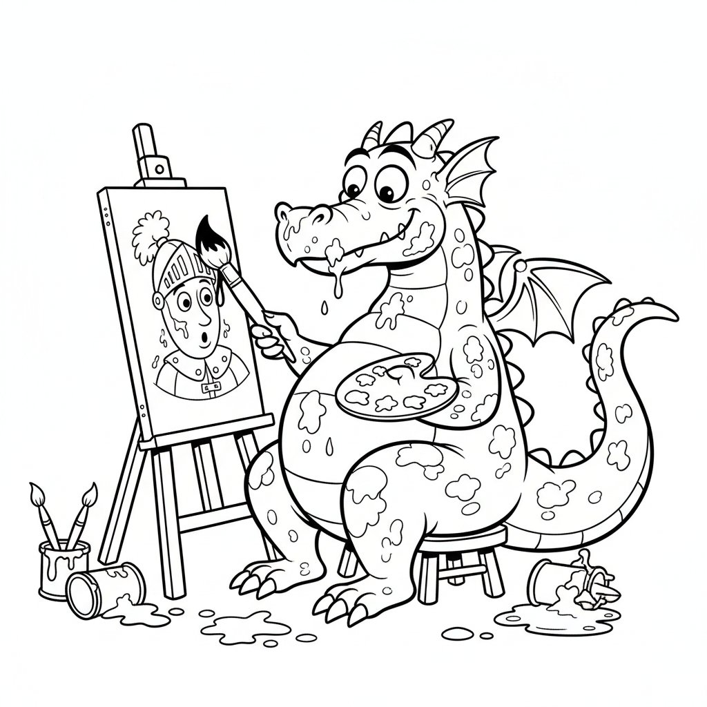 Smok malujący obraz, kolorowanka dla dzieci, czarne kontury, białe tło, do druku.