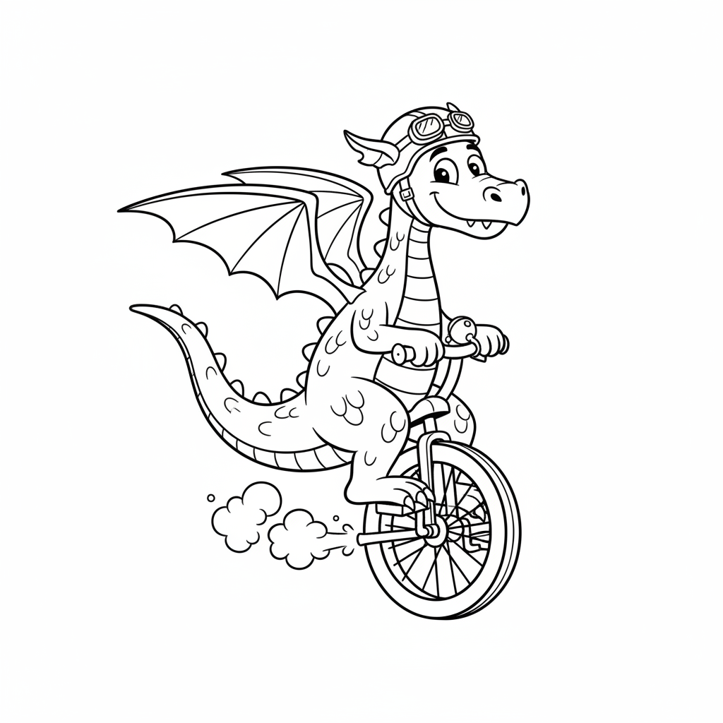 Smok jadący na rowerze, kolorowanka dla dzieci, czarne kontury, białe tło, do druku.