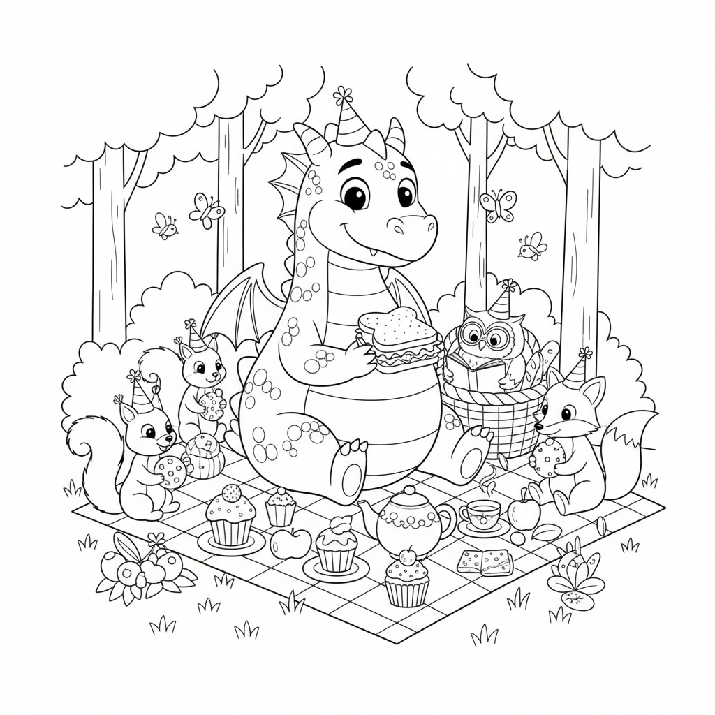 Smok na pikniku ze zwierzętami leśnymi, kolorowanka dla dzieci, czarne kontury, białe tło, do druku.