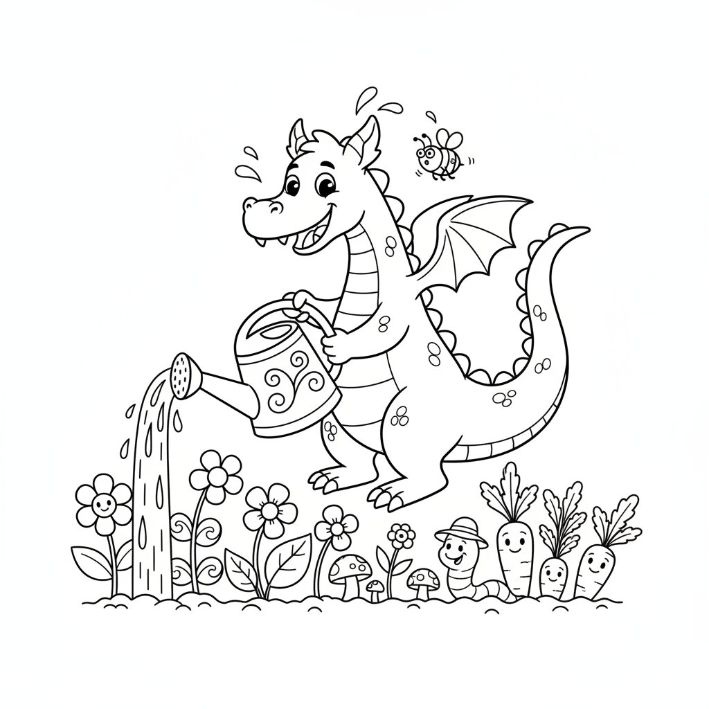 Smok pomagający podlewać ogród, black outline, white background, suitable for kids coloring, cartoon style, funny and i...