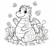Przyjazny smok siedzący na polu kwiatów, black outline, white background, suitable for kids coloring, cartoon style, fun...