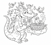 Smok pomagający ptaszkowi budować gniazdo, kolorowanka dla dzieci, czarne kontury, białe tło, do druku.