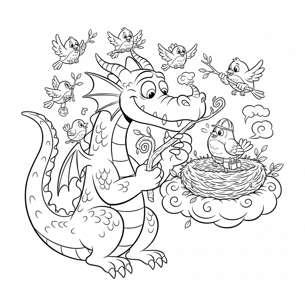 Smok pomagający ptaszkowi budować gniazdo, kolorowanka dla dzieci, czarne kontury, białe tło, do druku.