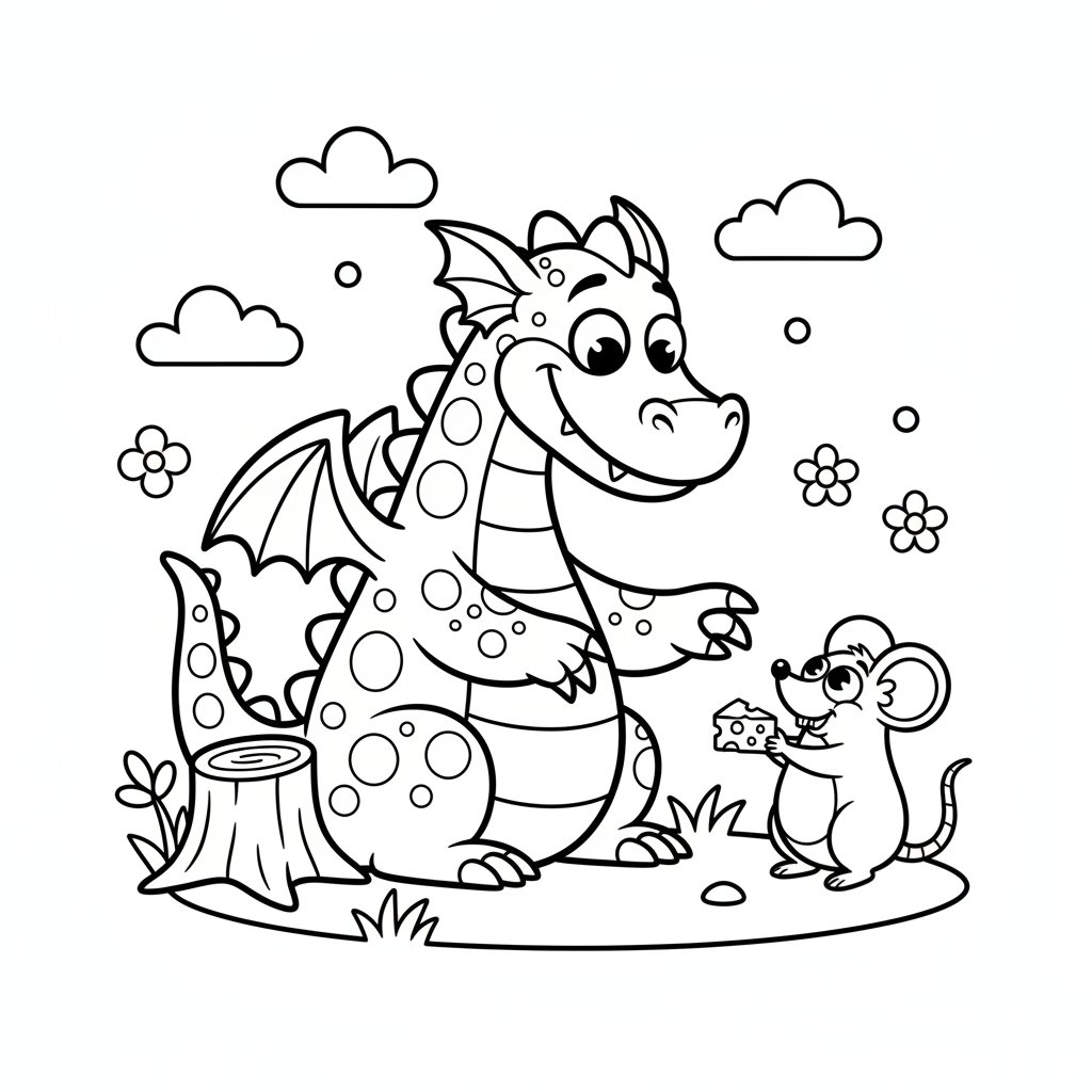 Smok zaprzyjaźniający się z małą myszką, black outline, white background, suitable for kids coloring, cartoon style,...