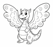 Smok z ogromnymi, puszystymi skrzydłami, kolorowanka dla dzieci, czarne kontury, białe tło, do druku.