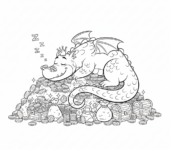 Smok śpiący na stosie złotych monet, kolorowanka dla dzieci, czarne kontury, białe tło, do druku.