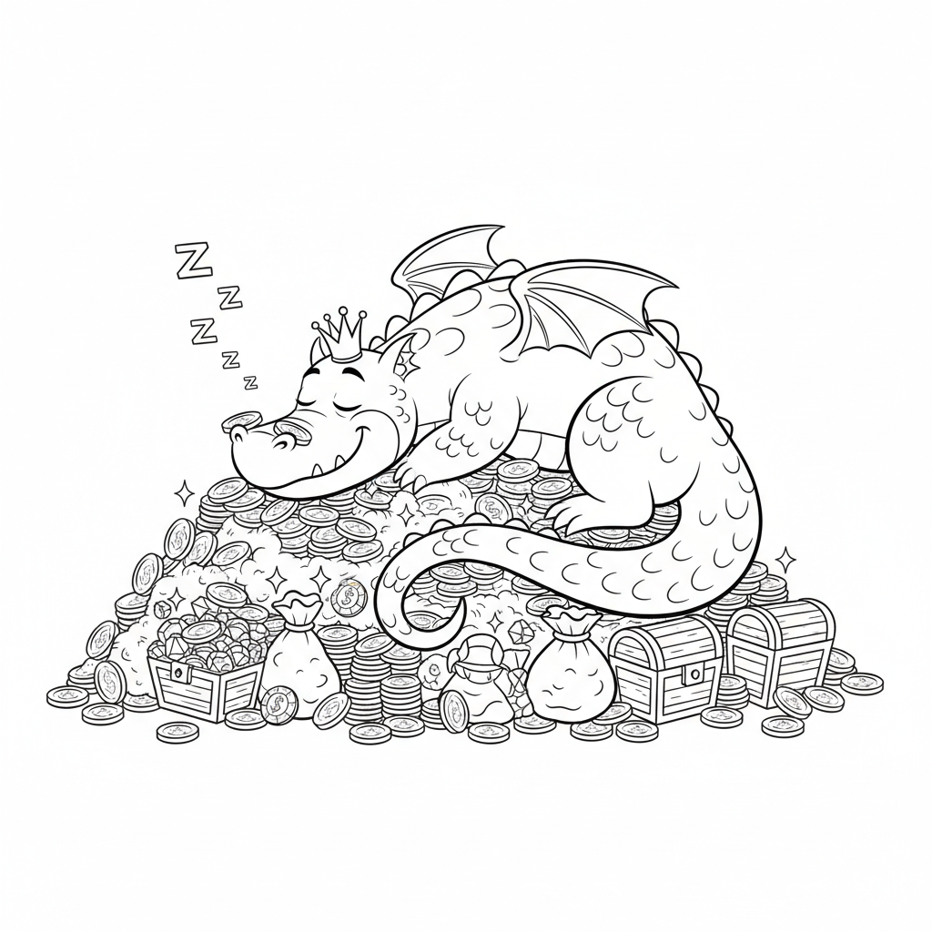 Smok śpiący na stosie złotych monet, kolorowanka dla dzieci, czarne kontury, białe tło, do druku.