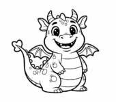 Smok z szerokim uśmiechem, kolorowanka dla dzieci, czarne kontury, białe tło, do druku.