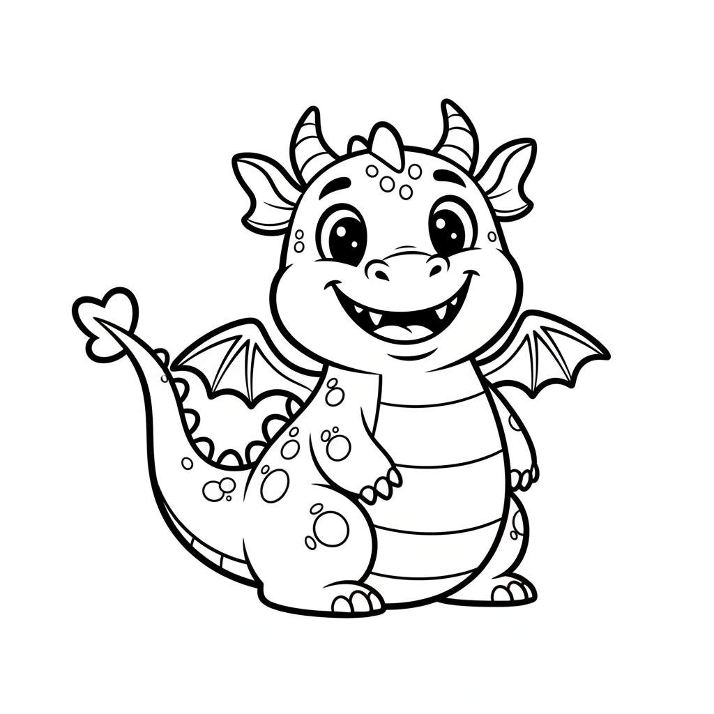 Smok z szerokim uśmiechem, kolorowanka dla dzieci, czarne kontury, białe tło, do druku.