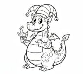 Smok w zabawnej czapce, black outline, white background, suitable for kids coloring, cartoon style, funny and interesting.