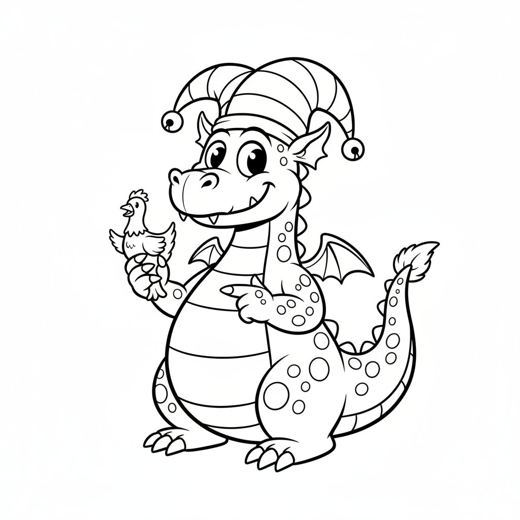 Smok w zabawnej czapce, black outline, white background, suitable for kids coloring, cartoon style, funny and interesting.