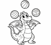 Smok żonglujący trzema kolorowymi piłkami, kolorowanka dla dzieci, czarne kontury, białe tło, do druku.