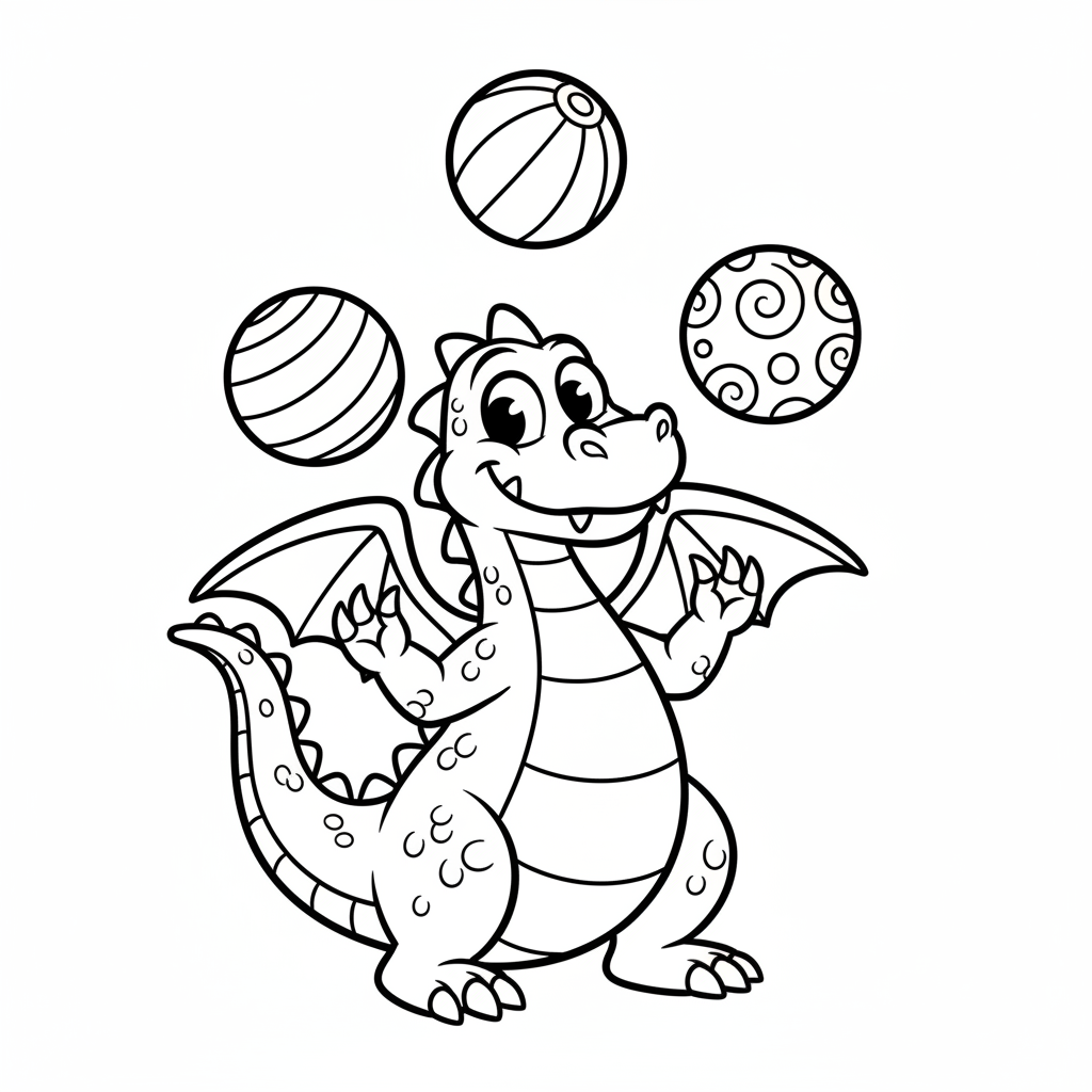 Smok żonglujący trzema kolorowymi piłkami, kolorowanka dla dzieci, czarne kontury, białe tło, do druku.