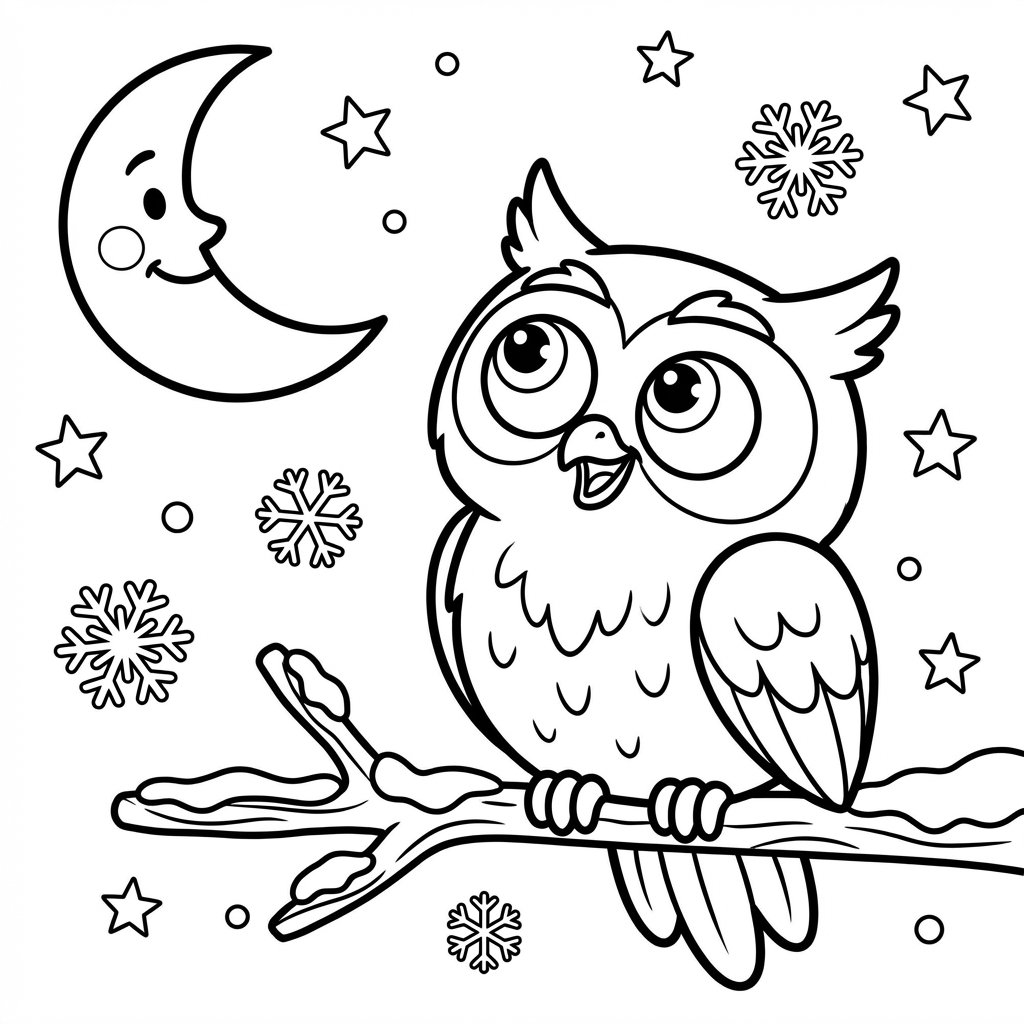 Urocza sowa siedząca na ośnieżonej gałęzi, patrząca na księżyc, kolorowanka dla dzieci, czarne kontury, białe tło.