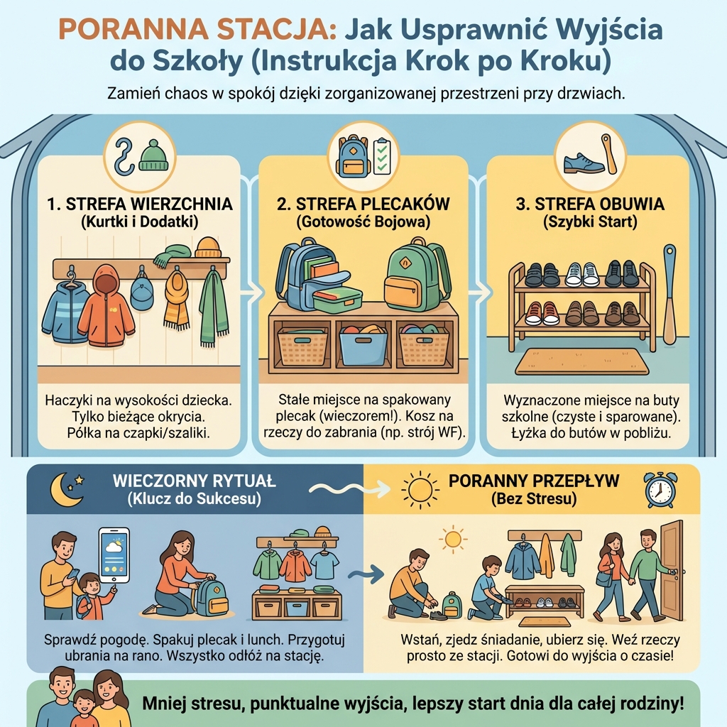Infografika dla rodziców: jak zorganizować stację poranną z butami i plecakami, by ułatwić dzieciom szybkie wyjście...
