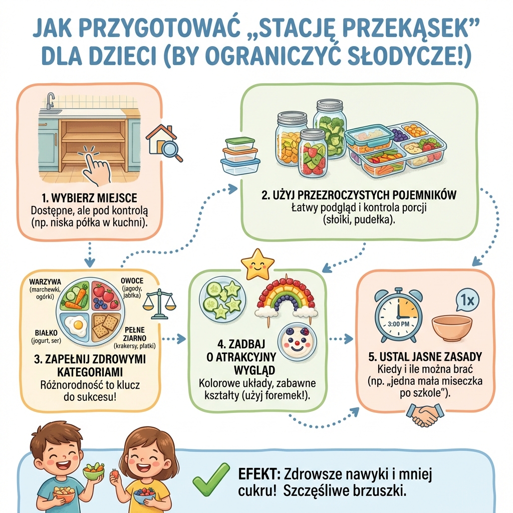 Infografika dla rodziców: jak przygotować domową stację zdrowych przekąsek dla dzieci, aby skutecznie ograniczyć jed...