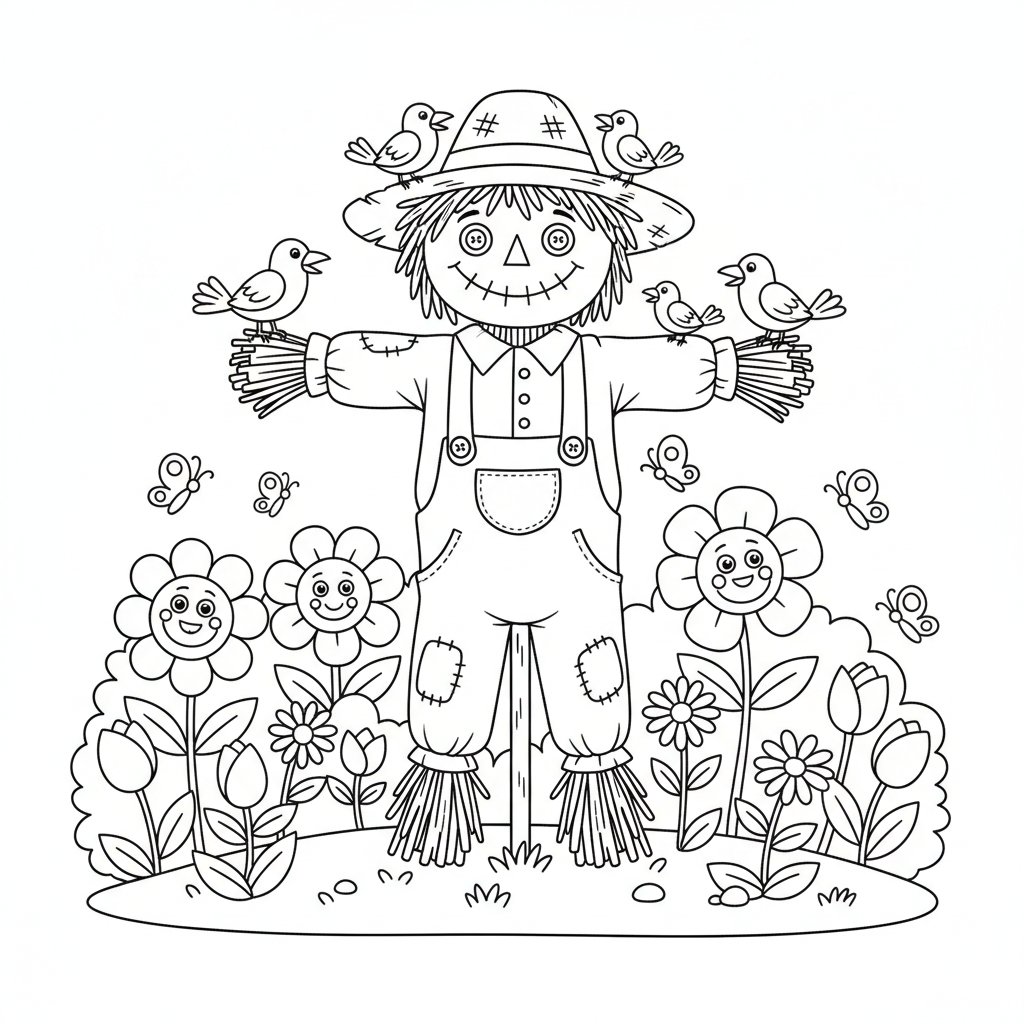 Przyjazny strach na wróble stojący w wiosennym ogrodzie z kwitnącymi roślinami, kolorowanka dla dzieci, czarne kontury...