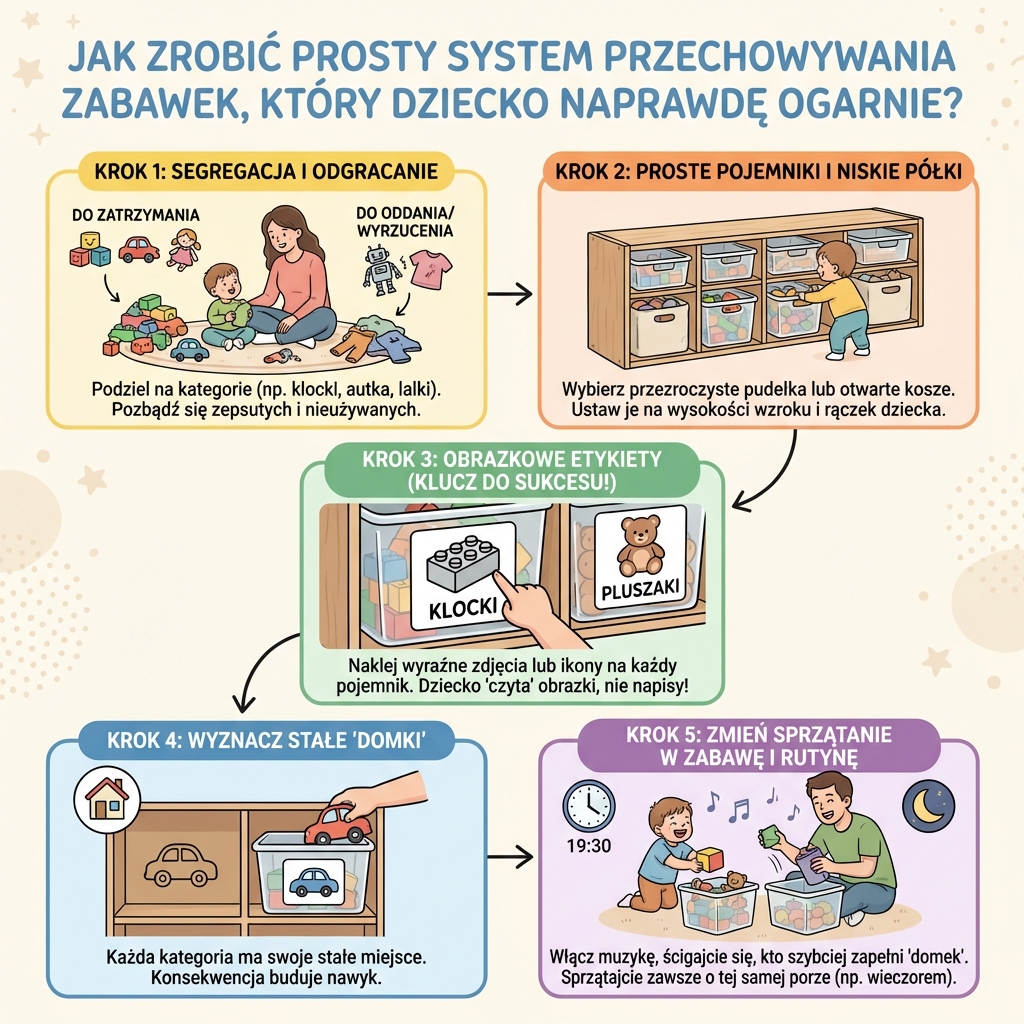 Infografika dla rodziców: prosty system przechowywania zabawek, który uczy dziecko samodzielnego sprzątania i utrzymywa...