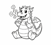 Szczęśliwy smok zionący małymi chmurkami dymu, kolorowanka dla dzieci, czarne kontury, białe tło, do druku.