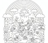 Tęcza pojawiająca się nad wiosennym krajobrazem po deszczu, kolorowanka dla dzieci, czarne kontury, białe tło.