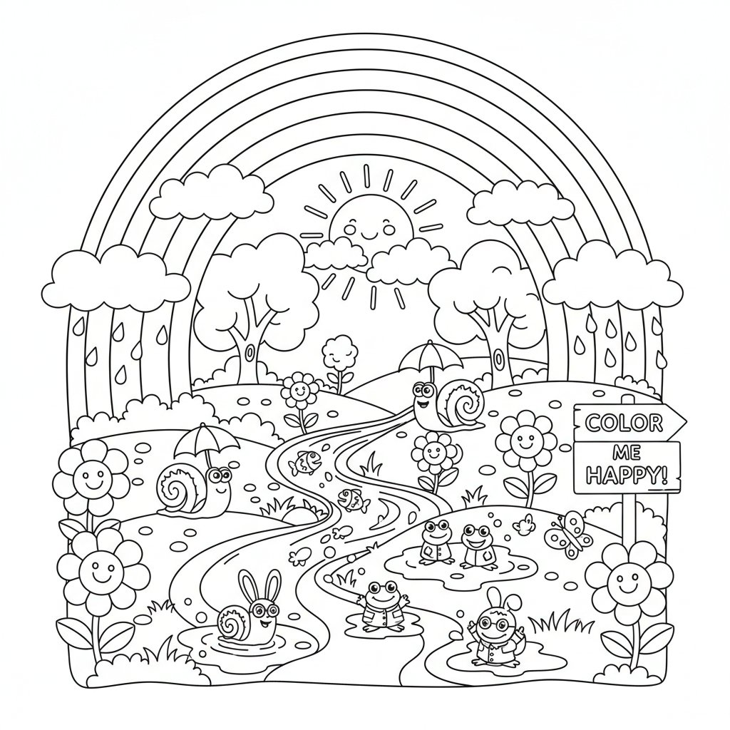 Tęcza pojawiająca się nad wiosennym krajobrazem po deszczu, kolorowanka dla dzieci, czarne kontury, białe tło.