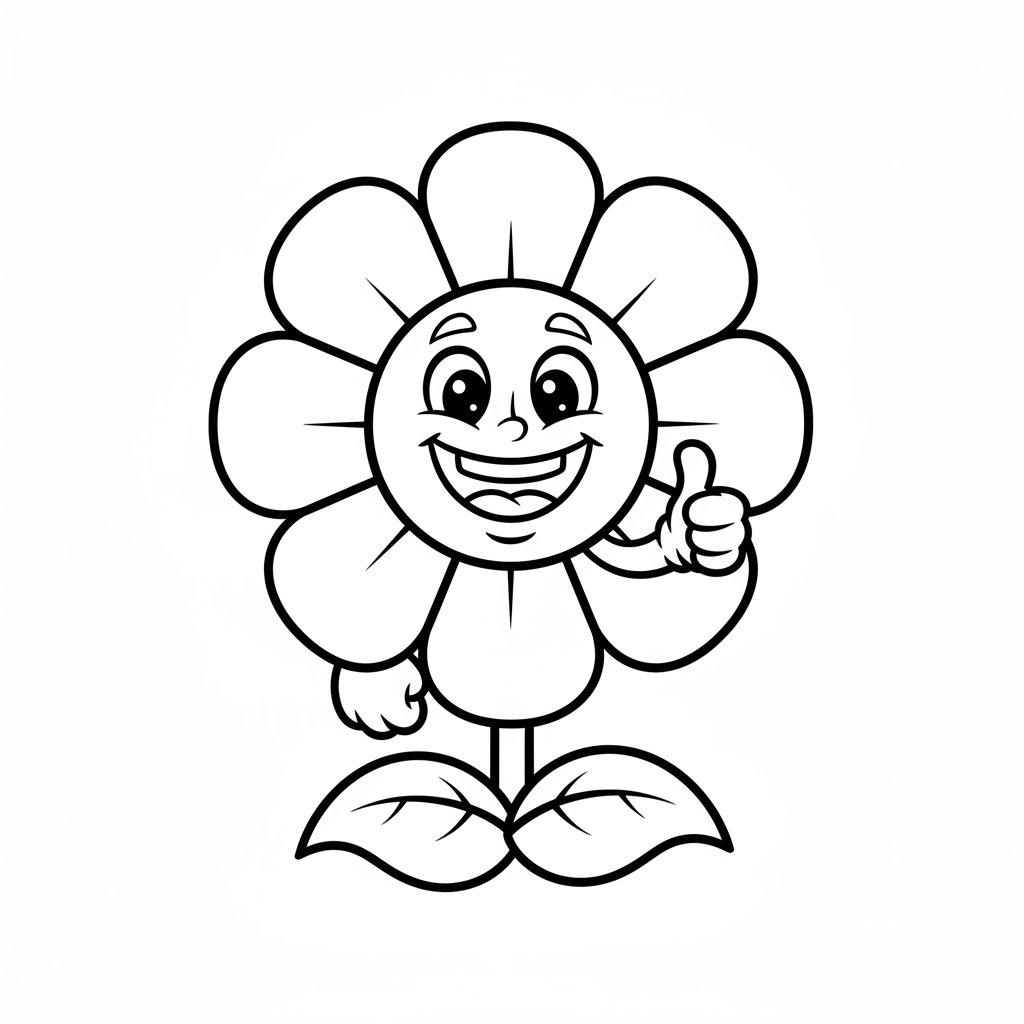 Uśmiechnięty kwiat z dużymi płatkami i przyjazną twarzą, kolorowanka dla dzieci, czarne kontury, białe tło.