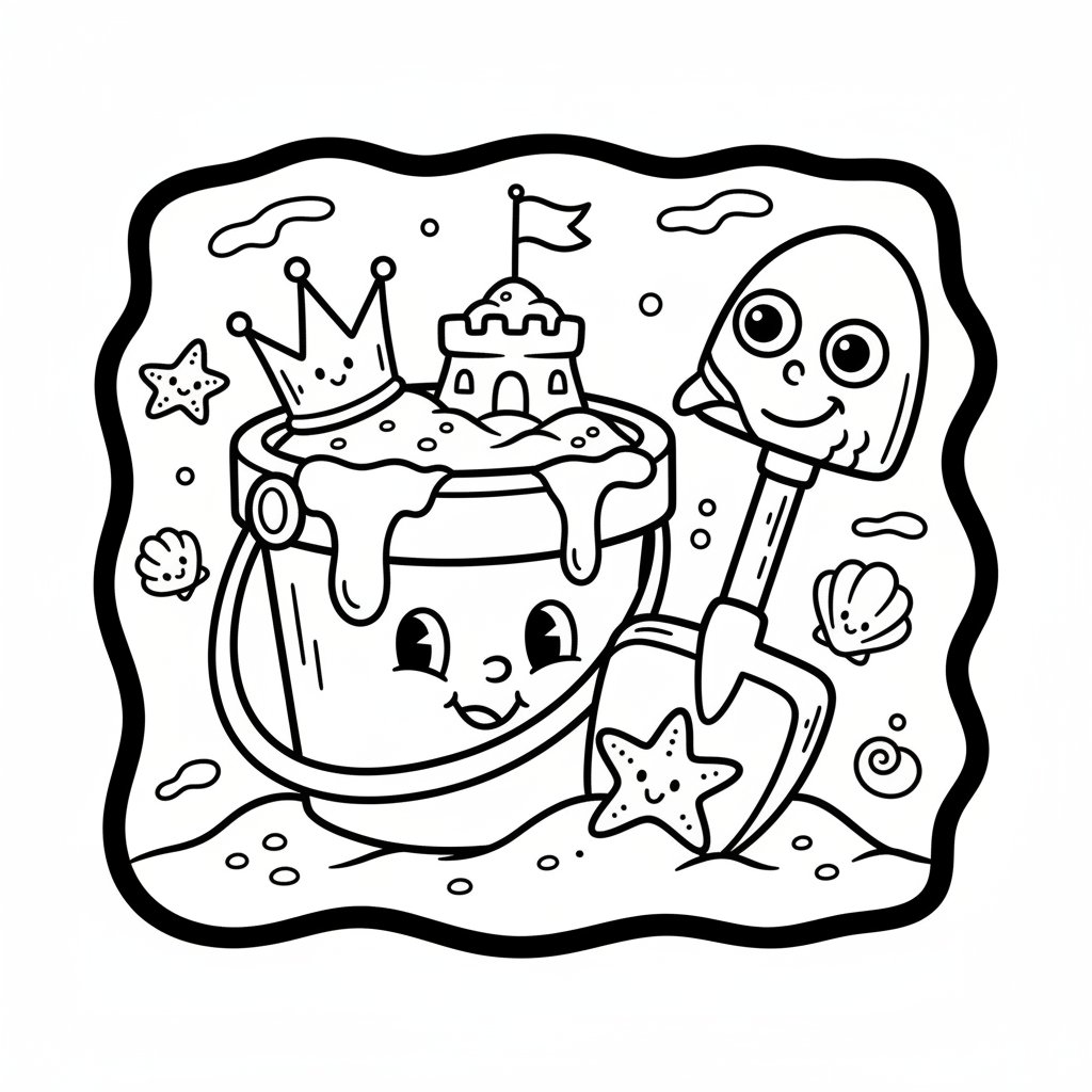 Wiaderko i łopatka gotowe do budowy zamku z piasku, kolorowanka dla dzieci, czarne kontury, białe tło.