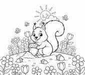 Rozbrykana wiewiórka chowająca żołędzie na kwitnącym polu, kolorowanka dla dzieci, czarne kontury, białe tło.