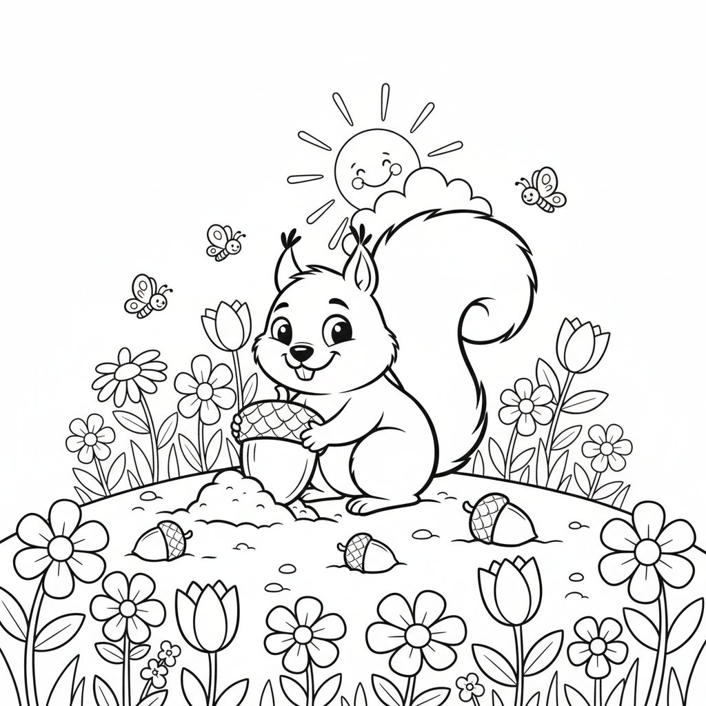 Rozbrykana wiewiórka chowająca żołędzie na kwitnącym polu, kolorowanka dla dzieci, czarne kontury, białe tło.