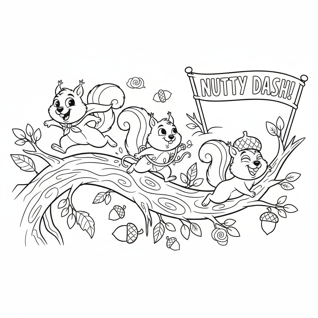 Grupa wesołych wiewiórek ścigających się na pniu drzewa, kolorowanka dla dzieci, czarne kontury, białe tło.