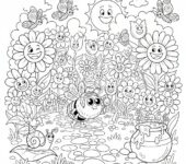 Kwitnący wiosenny ogród z wesołymi kwiatami, motylami i bzyczącą pszczołą, kolorowanka dla dzieci, czarne kontury, ...