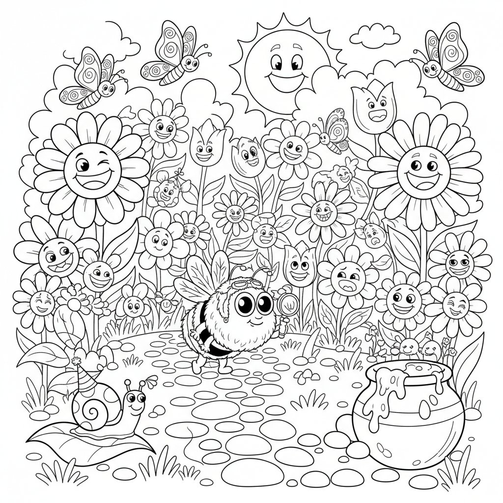 Kwitnący wiosenny ogród z wesołymi kwiatami, motylami i bzyczącą pszczołą, kolorowanka dla dzieci, czarne kontury, ...